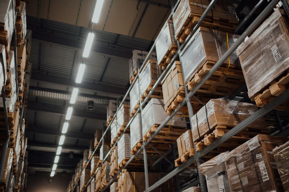Packed cartons on pallets in a warehouse